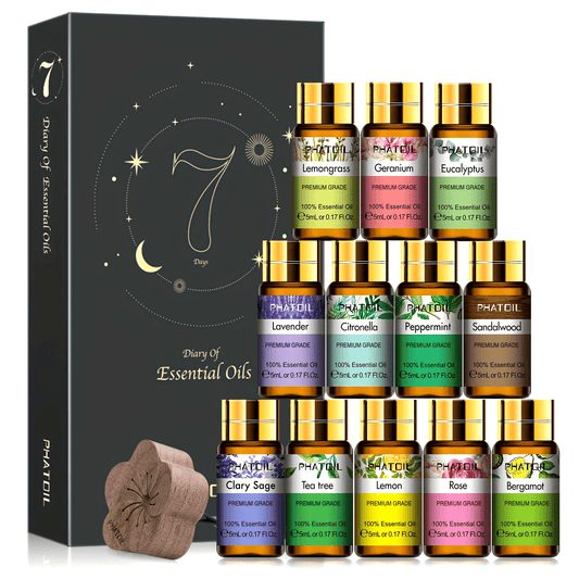 PHATOIL 12pcs Essential Oil Set, 5ml - Premium Grade Oils for Diffusers & Humidifiers - Lavender, Eucalyptus, Peppermint, Geranium, Tea Tree, Lemongrass, Lemon, Rose, Sandalwood, Clary Sage, Citronella, Bergamot